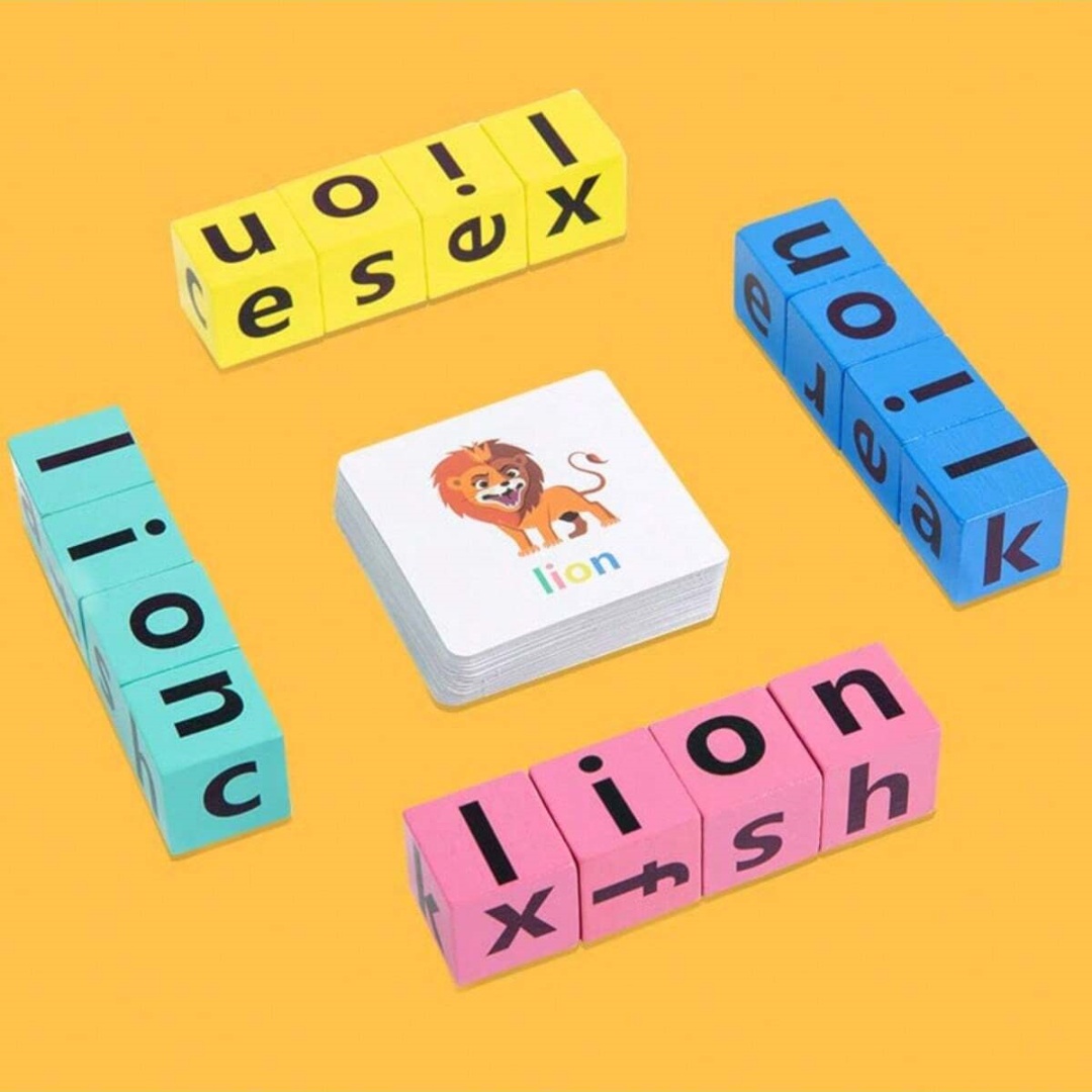 Board Game Family - เกมกระดานสะกดคำตัวอักษรสำหรับเด็ก, บล็อกตัวอักษร 16 ตัว + การ์ดคำศัพท์
