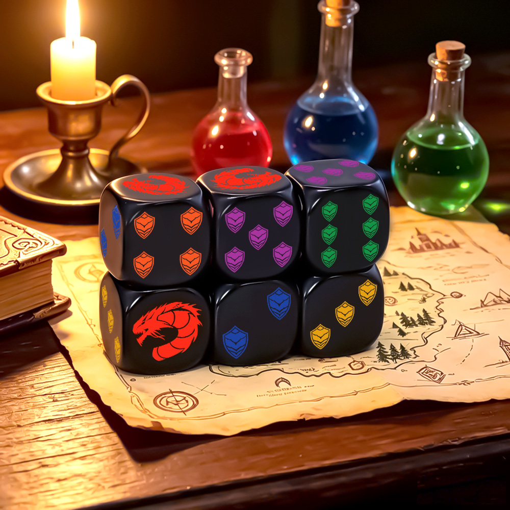 Board Game Rpg - ชุดลูกเต๋า 6 ชิ้น ลายตราโล่ห์มังกร รูปทรงหลายเหลี่ยม D6